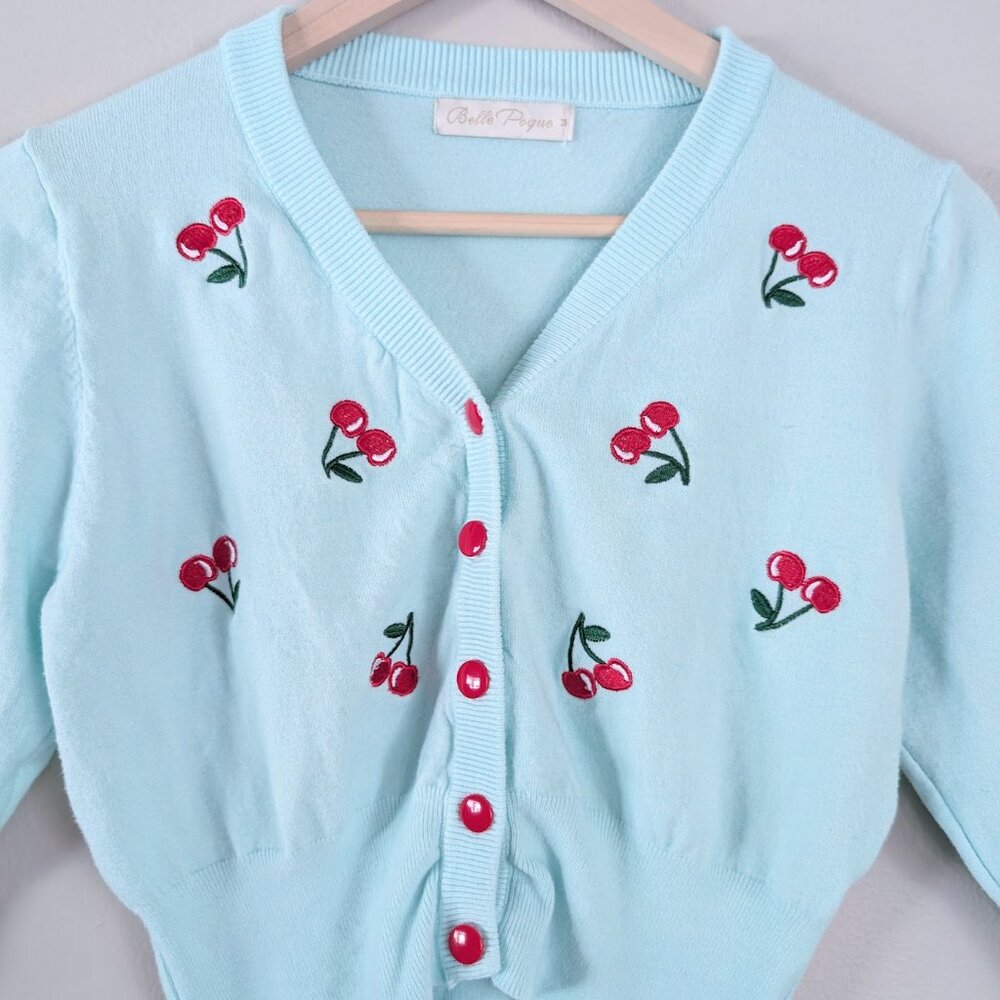 Red Blue Embroidered Cherry Pattern Cropped Cardigan Twee Coquette Dollette Sz M - Picture 2 of 8